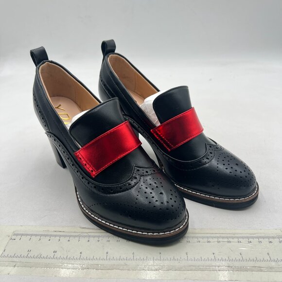 YDN Black/Red Chunky High Heels Round Toe Oxford Loafer Dress Shoe - Picture 4 of 8